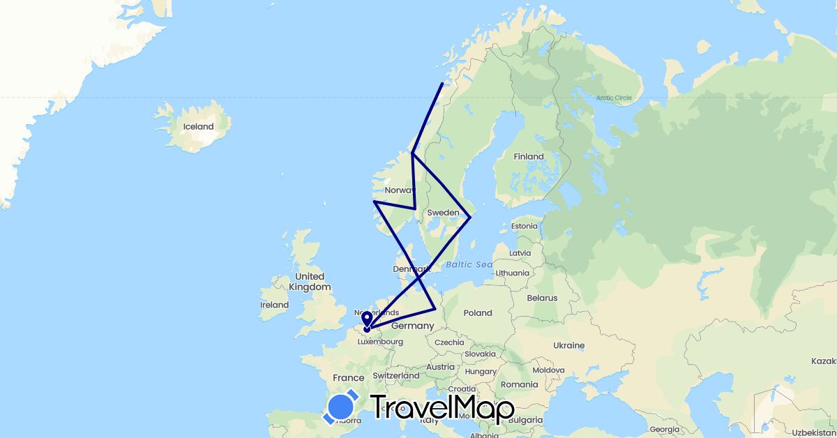 TravelMap itinerary: driving in Belgium, Germany, Denmark, Norway, Sweden (Europe)